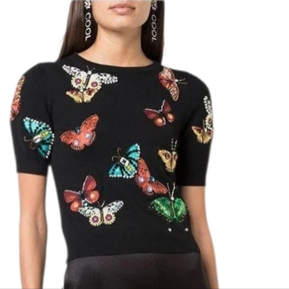 Alice + Olivia Black Wool Ciara Butterfly Sweater Colours Embellished Embroidery